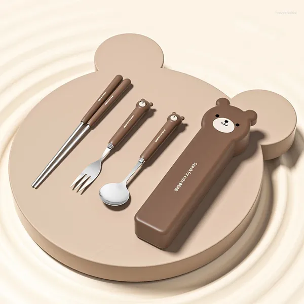 Set di stoviglie Set di posate per orso cartone animato con custodia In acciaio inossidabile per bambini Forchetta Cucchiaio Stoviglie da viaggio portatili Posate riutilizzabili