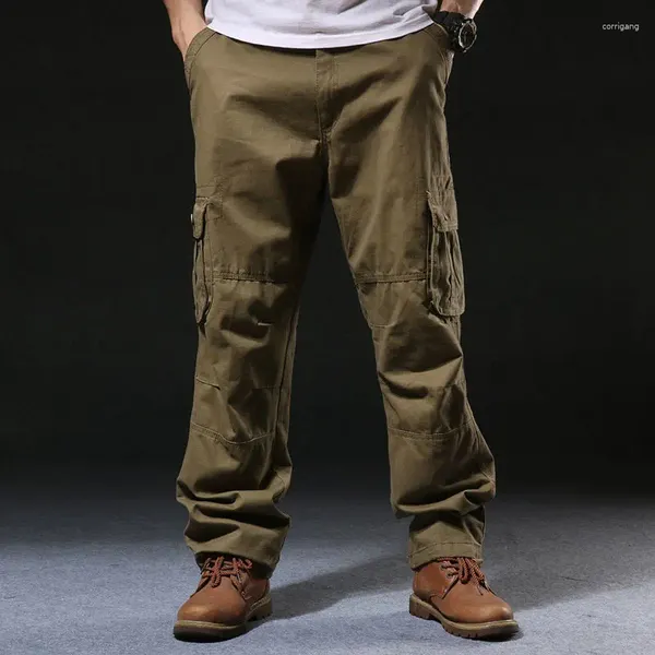 Calças masculinas casuais de algodão carga multi-bolso resistente ao desgaste baggy macacão de trabalho em linha reta militar do exército calças compridas