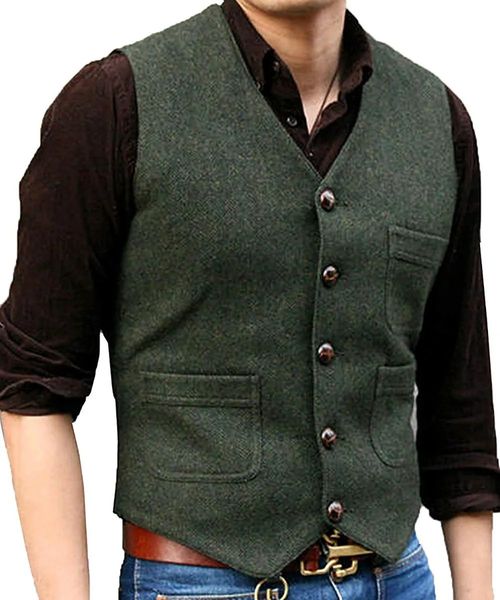 Terno masculino formal com decote em v lã espinha de peixe tweed colete casual colete de negócios padrinho para casamento verde preto marrom 240125