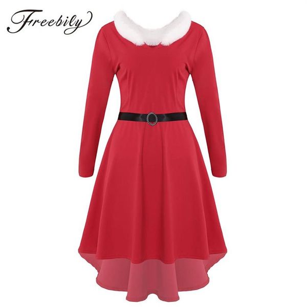 Donne Natale Bianco Pelliccia sintetica Passamanerie Maniche lunghe Orlo alto-basso Abito longuette rosso con cintura Mrs Babbo Natale Xmas Party Costume300R