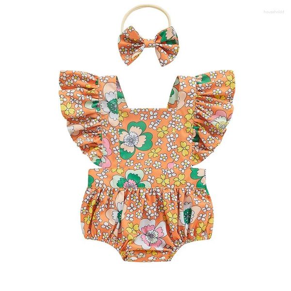 Strampler Pudcoco Infant Born Baby Mädchen Strampler Set Blumendruck Fliegenärmel Quadratischer Ausschnitt Mit Haarband Sommer Outfit