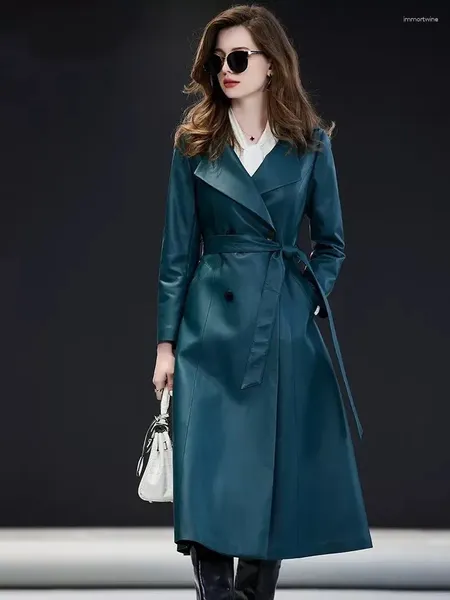 Jaqueta de couro feminina marca genuína longo casaco senhora do escritório elegante duplo breasted trench coat feminino pele carneiro natural2024