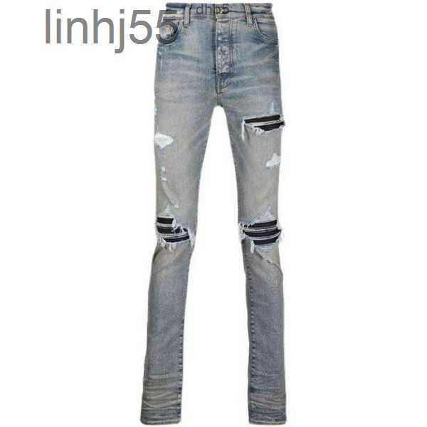 Herrenjeans Designer Europäische und amerikanische Amirs Modemarke High Street Mx1 Hellblau Distressed Patchwork Herren Slim Fit Modisch 2pqxhOQ6X