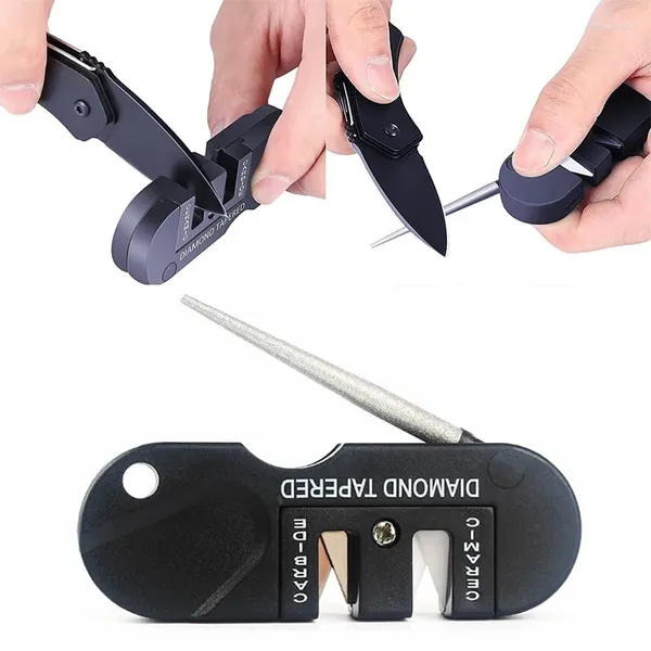 Altri accessori per coltelli Affilacoltelli tascabile 3 in 1 Mini portachiavi pieghevole portatile Lama per mola in acciaio al tungsteno