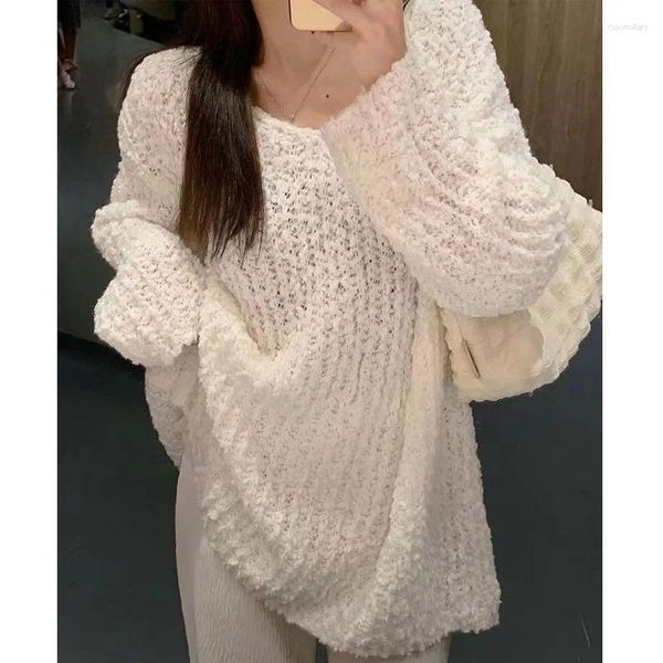 Damenpullover 2024 Frühling Herbst Korean Lazy Style Frauen Oversize Lose Strickpullover Einfarbig V-Ausschnitt Langarm Pullover Top