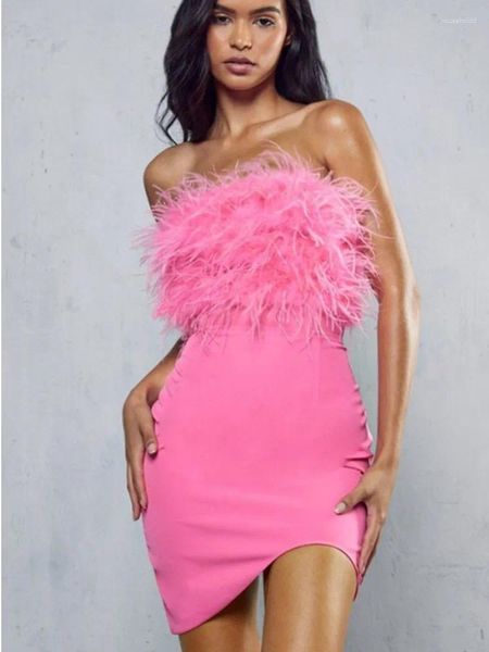 Casual Kleider Frauen Sexy Trägerlosen Straußenfedern Pailletten Rosa Baumwolle, Figurbetontes Kleid 2024 High Street Weihnachten Weihnachten Party Vestido