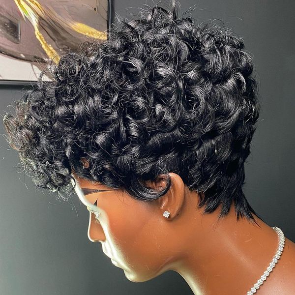 Kıvırcık İnsan Saçlı Peruk Kadınlar için Kısa Pixie Kesilmiş Kinky Kıvırcık İnsan Saçlı Peruk Remy Brezilya saç perukları siyah dantel ön peruk