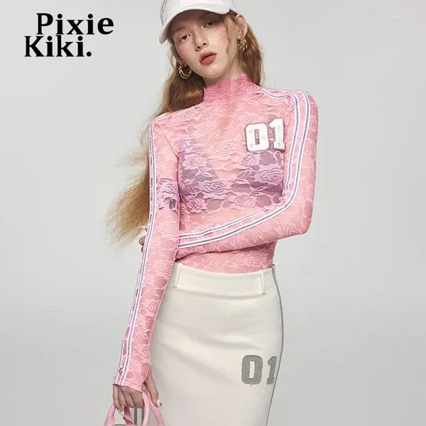 T-shirt da donna PixieKiki ricamo in pizzo trasparente camicia da ragazza dolcevita manica lunga Y2k top streetwear donna abbigliamento autunnale 2024