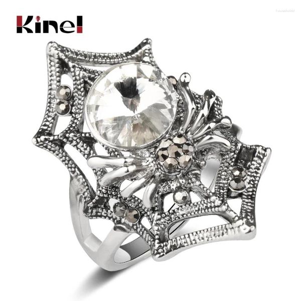 Anéis de cluster Kinel Big Stone Spider para mulheres cor prata estilo punk anel de cristal cinza presente de halloween jóias animais 2024