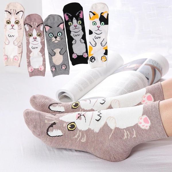 Calzini da donna Kawaii Crew Divertente simpatico cartone animato Gatto Animale Harajuku Primavera Autunno Quattro stagioni Calzino a tubo centrale traspirante casual femminile