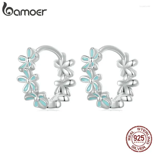 Orecchini a cerchio Bamoer argento sterling 925 verde menta ghirlanda smalto fiore fibbie per orecchie per le donne regalo di gioielli di fidanzamento