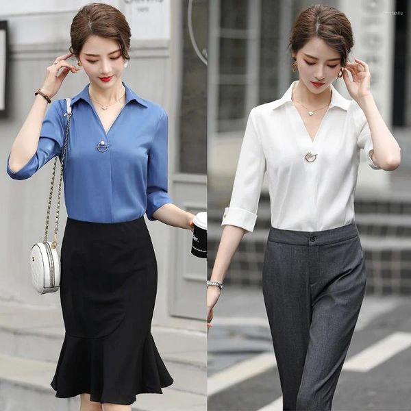 Женские блузки, весенне-летние модные женские синие офисные женские комплекты с короткими рукавами и юбкой из 2 предметов, комплекты из топов и брюк, OL