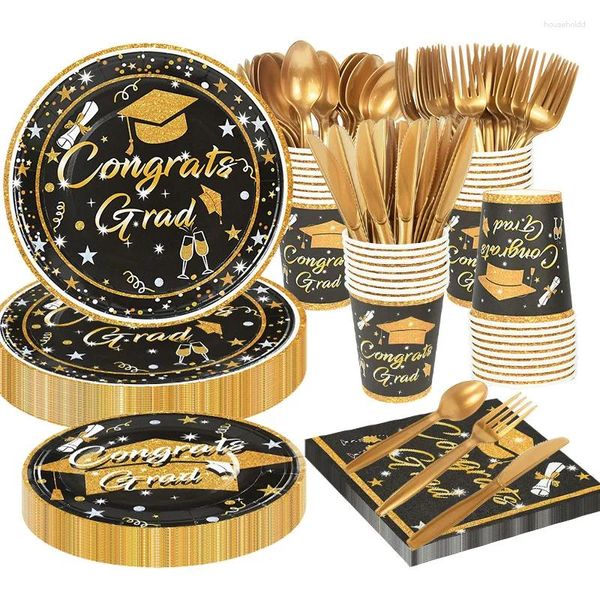 Decorazione per feste Stoviglie usa e getta per laurea in oro nero Congratulazioni Piatto per tazza di carta Laurea Decorazioni per banner Classe 2024