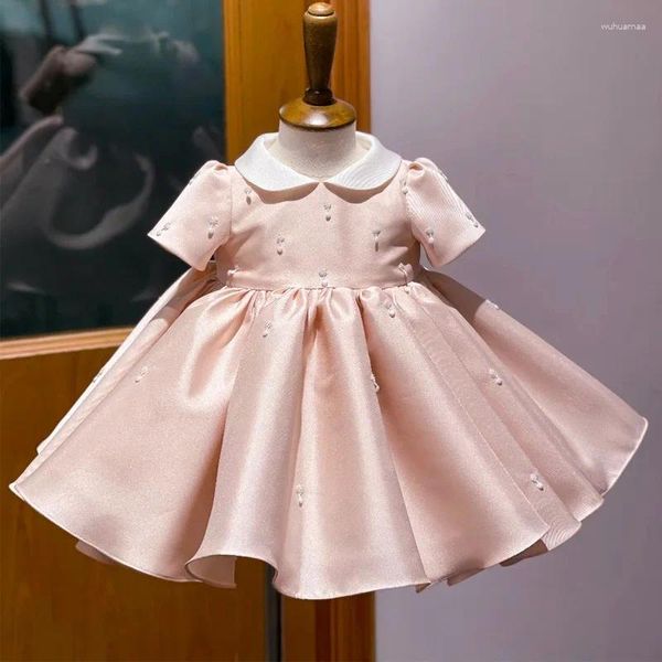 Vestidos da menina flor de cetim rosa para casamento inchado mangas curtas com arco vestido de princesa bebê primeira comunhão vestidos de baile de natal