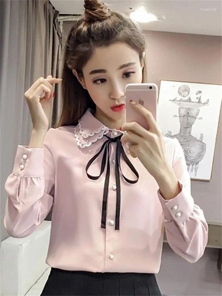 Frauen Blusen Frauen Frühling Herbst Stil Vintage Shirts Dame Casual Langarm Drehen-unten Kragen Rosa Weiß Blusas Tops DF3089