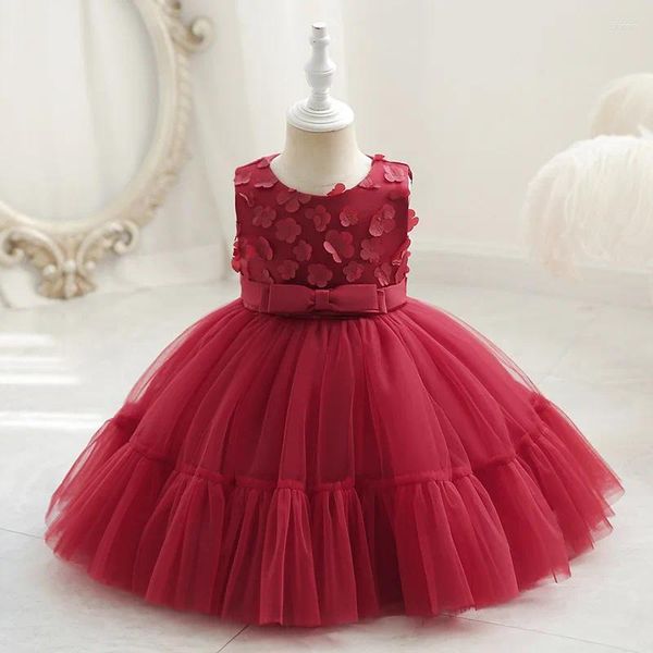 Abiti da ragazza Neonato Abito rosso natalizio per bambine Fiore applique in pizzo Costume Abito da festa Bambini Solido Primo Natale