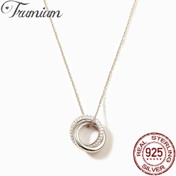 Halsketten Trumium Authentic 925 Sterling Silber Doppelkreise Halsketten für Frauen Langes einfaches Zirkon Anhänger Daugte Muttertags Geschenk