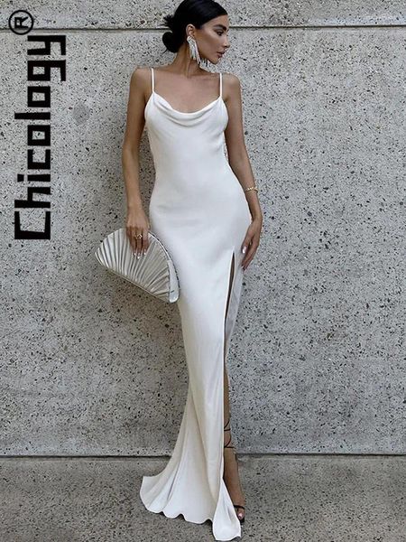 Abiti casual Chicology 2024 Abito lungo aderente con cinturino con spacco senza schienale bianco Elegante festival serale Festa di nozze Prom Compleanno Outfit