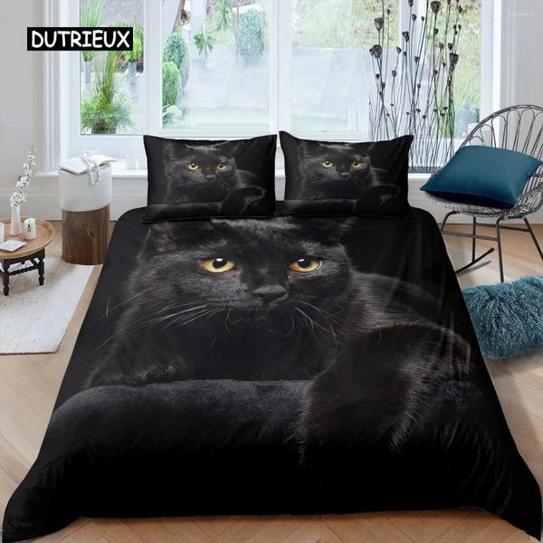Yatak takımları kedi nevresim kapağı seti evcil kediler desen ikiz sevimli yavru kedi erkekler için polyester gizemli siyah kral yorgan