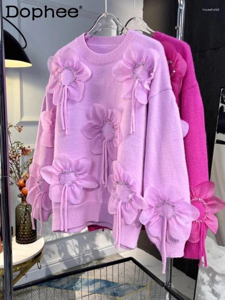 Kadın Sweaters 3D Çiçek Ağır Sanayi Boncuklar Pembe Sweater 2024 Sonbahar ve Kış Şeker Renk Yuvarlak Boyun Uzun Kollu Kazak