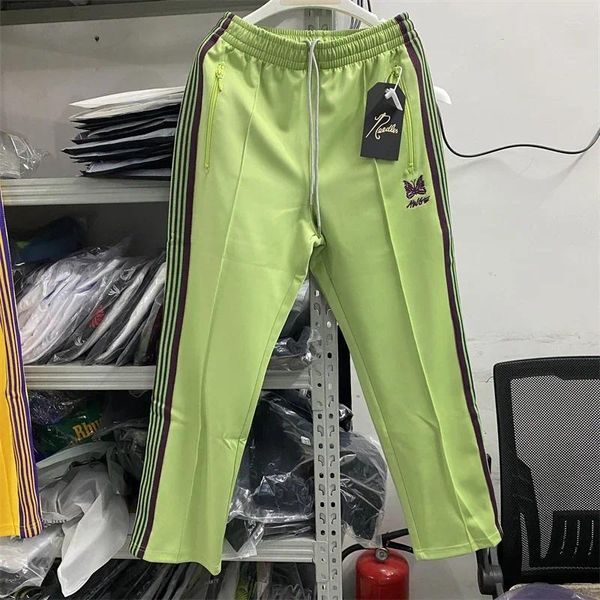 Erkek pantolon sarı yeşil çizgili iğneler eşofmanlar erkekler kadınlar poli pürüzsüz palet kelebek nakış pantolon