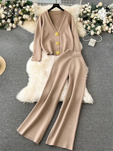 Zweiteilige Damen-Hosen SINGREINY Knopf-Strickset für Damen, elegant, langärmelig, Strickjacke, elastische Taille, weites Bein, lässig, warm, Pullover-Anzug