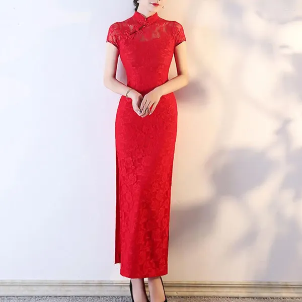 Ethnische Kleidung Semi-Stehkragen Cheongsam Elegante Vintage chinesische Spitze Maxikleid mit Stand Side Split Damen klassisch für