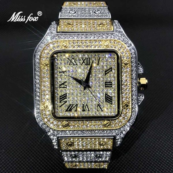 Outros relógios MISSFOX Platinum Mens Watch Top Luxury All Diamond Square Quartz Mens Watch Hip Hop Ice Out Impermeável Relógio Presente 2021 J240131