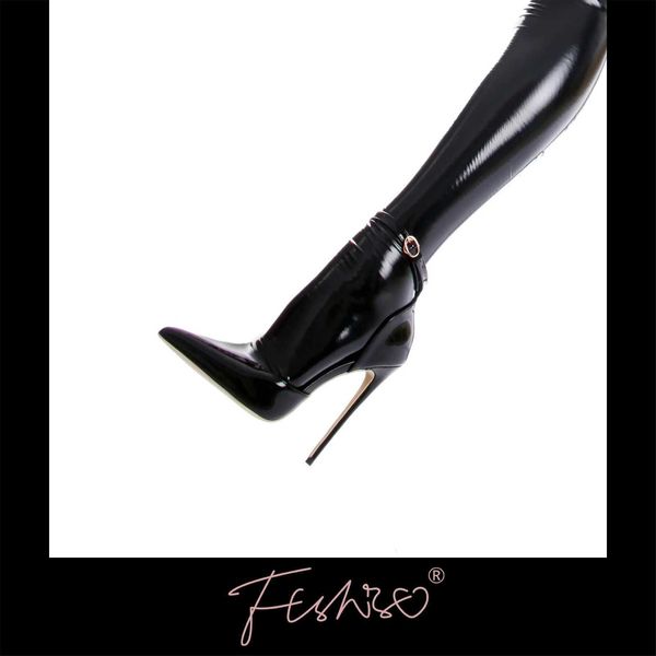 Scarpe eleganti Ftshist Pelle lucida Super alta 12 cm Tacchi sottili Tinta unita Cinturino con fibbia alla caviglia Décolleté poco profondi Crossdresser Taglie forti Scarpe Queen