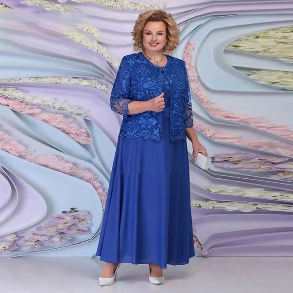 Plus Size Mãe da Noiva Vestido com Jaqueta Royal Blue Lace Apliques Reta Elegante Ocasião Formal Festa de Casamento Vestidos de Convidados 2024