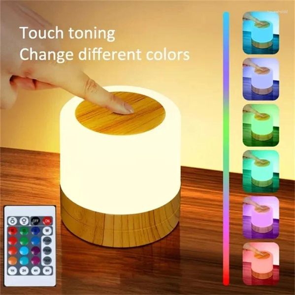 Nachtlichter, 7 Farben, dimmbare LED-Touch-Sensor-Nachttischlampe aus Holz mit einstellbarer Helligkeit und Fernbedienung