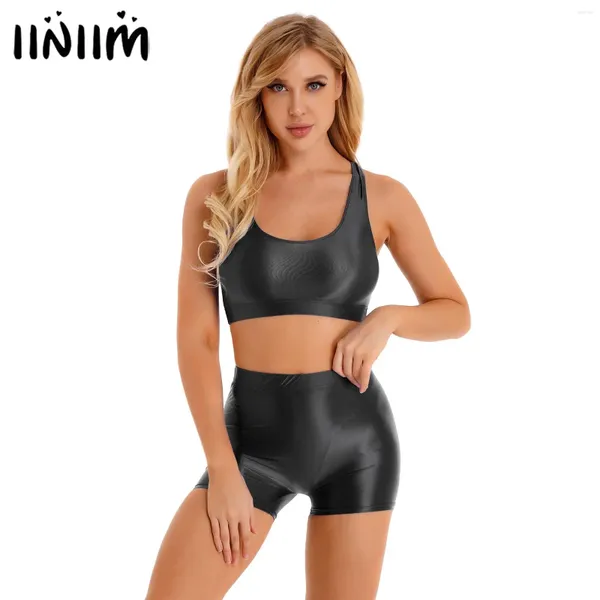 Costume da bagno da donna Costume da bagno da donna Due pezzi Canotta lucida con scollo a U senza maniche e pantaloncini a vita media per lo sport Fitness Yoga