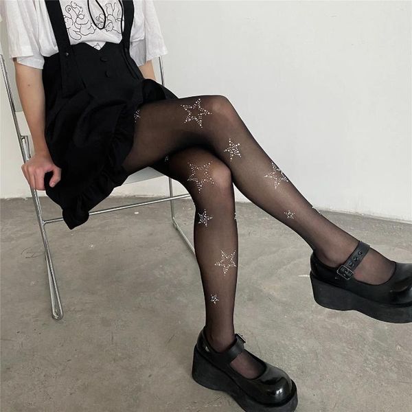Meias femininas strass estrela preto branco meia-calça jk estilo japonês coxa meias altas lolita doce meninas corpo de náilon meia
