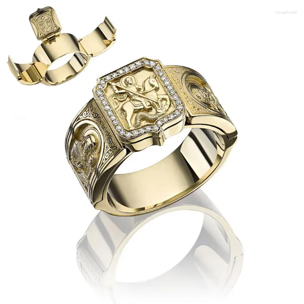 Cluster Ringe Saint George Ring Herren Mode Gold Farbe Flip Einzigartig für Männer St Christian Schmuck Hip Pop Punk Gothic