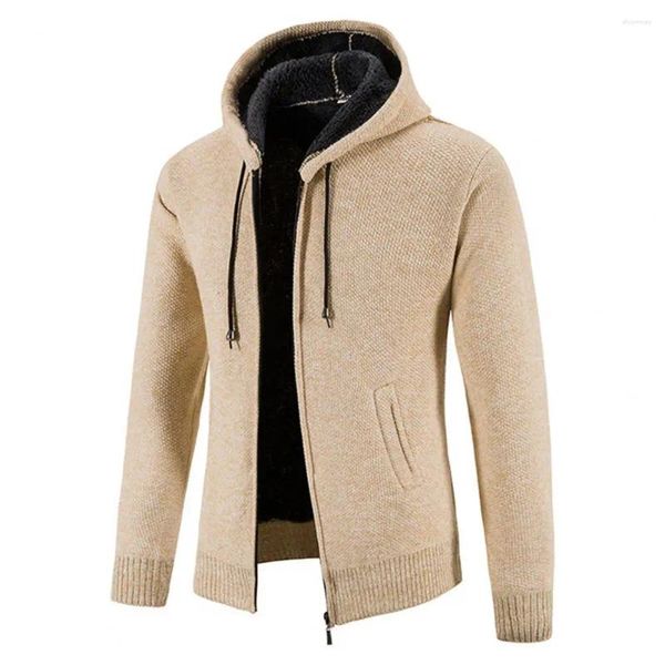 Camisolas masculinas inverno quente grosso pele forrado malha com capuz jaqueta zip up ao ar livre cor sólida casaco com capuz jaquetas roupas