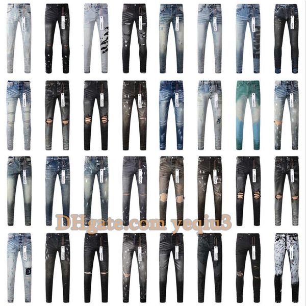 Lila Jeans, Herren-Designer-Jeans, Denim-Hose, schwarze Hose, hochwertige Steppung, zerrissen für Trendmarke, Vintage-Hose, gefaltete, schlanke, dünne, modische, zerrissene Jeans für Herren