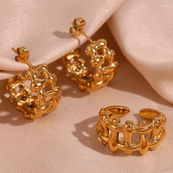 Collana di orecchini set titanio acciaio inossidabile intrecciato dorato orecchini scavati anelli gioielli per le donne festa di dichiarazione