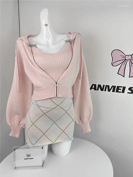 Arbeitskleider, hochwertige rosa Outfits, 3-teiliges Rock-Set, O-Ausschnitt, Leibchen, Strickjacke, Kapuze, Taille, A-Linie, formeller Anlass