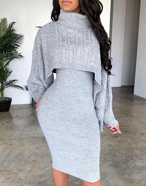 Frauen Pullover Kleid Set Herbst Winter Solide Rollkragen Rippen Pullover Gestrickte Träger Kleid Sets Passenden Outfit 240126