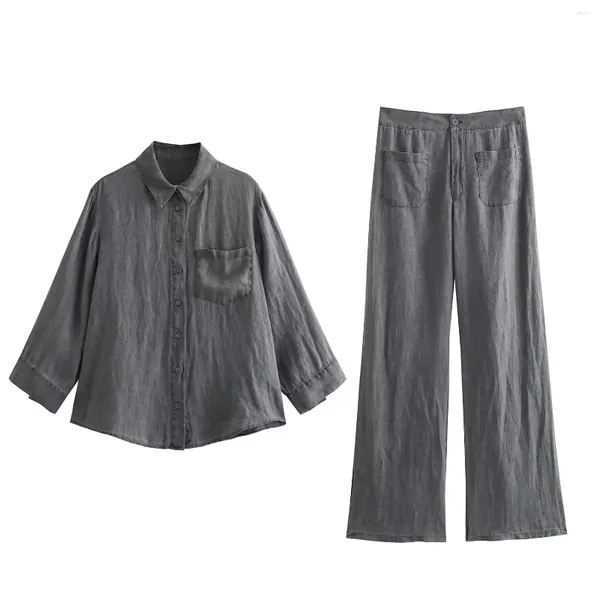 Damen Zweiteilige Hosen Frauen 2024 Einfarbiger Anzug Vintage V-Ausschnitt Knopf Loses Hemd Hohe Taille Taschendesign Lässige lange Jeans