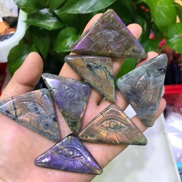 Estatuetas decorativas natural colorido flash labradorite cristal mau olhos estatueta triangular ornamento o olho do diabo produtos de pedra