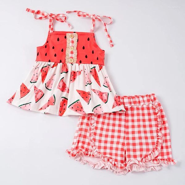 Conjuntos de roupas Girlymax Verão Bebê Meninas Top Leite Seda Melancia Xadrez Ruffles Knot Shorts Kids Boutique