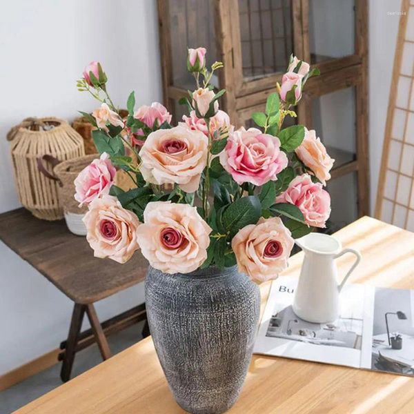 Dekorative Blumen, künstliche Pflanze, realistischer Rosenblumenstrauß, 3 Köpfe, helle Farbe, Simulation, einfache Wartung, Hochzeit