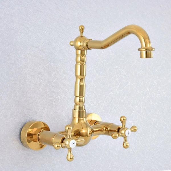 Küchenarmaturen Gold Messing Wandmontage Doppelgriff Dual-Loch-Waschbecken Wasserhahn Schwenkbares Badezimmer Waschbecken Kalt und Mischbatterie 2SF622