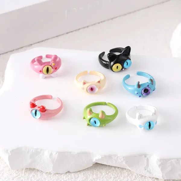 Cluster Ringe Punk Große Augen Ring Nettes Grünes Monster Für Frauen Mode Süße Bunte Katze Offene Paar Party Finger Zubehör