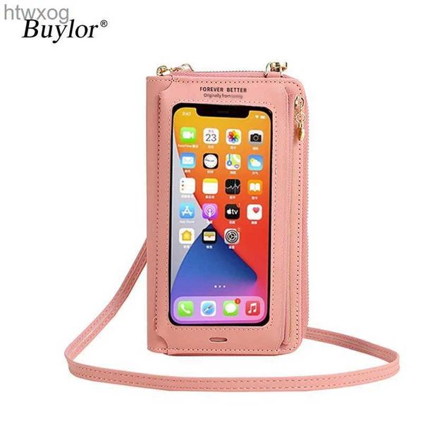 Handytaschen Buylor Ladeloch Touchscreen-Handytasche Frauen Weiches Leder Einfache Umhängetasche Mode Umhängetasche Transparente Mini-Geldbörse YQ240131