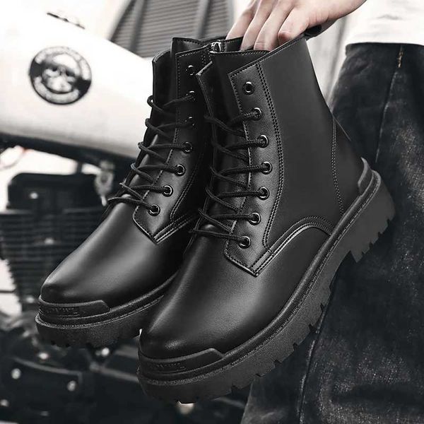 Kleid Schuhe Marke Stiefel Herbst Winter Neue Leder Stiefeletten männer Motorrad Stiefel Schnüren Trend Kurze Stiefel Jugend Runde kappe Arbeit SchuheL2401