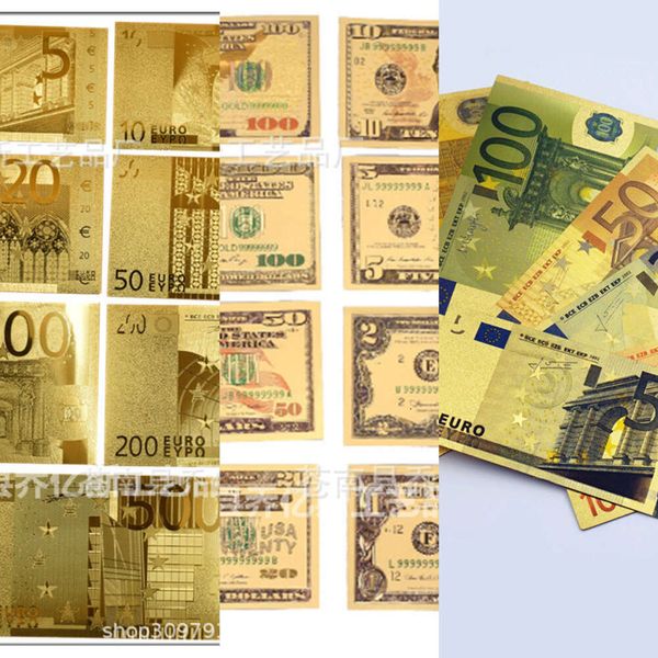 Diğer oyuncaklar 7 8pcs Hatıra Notları 24K Altın Kaplama Dolar Euro Sahte Para Hediyeleri Koleksiyon Antik Banknot USD Para Birimi Oyuncak 221111RAV1
