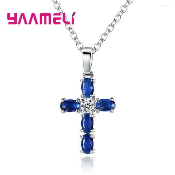 Anhänger Christian Jesus 925 Sterling Silber Kreuz Halskette Glänzende AAA Blau Kubikzircon Halsband Für Frauen Männer Schmuck