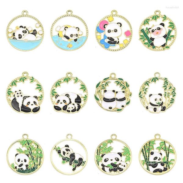 Encantos 10 pçs banhado a ouro esmalte panda liga metal pingentes redondos para diy colar pulseira brincos jóias fazendo